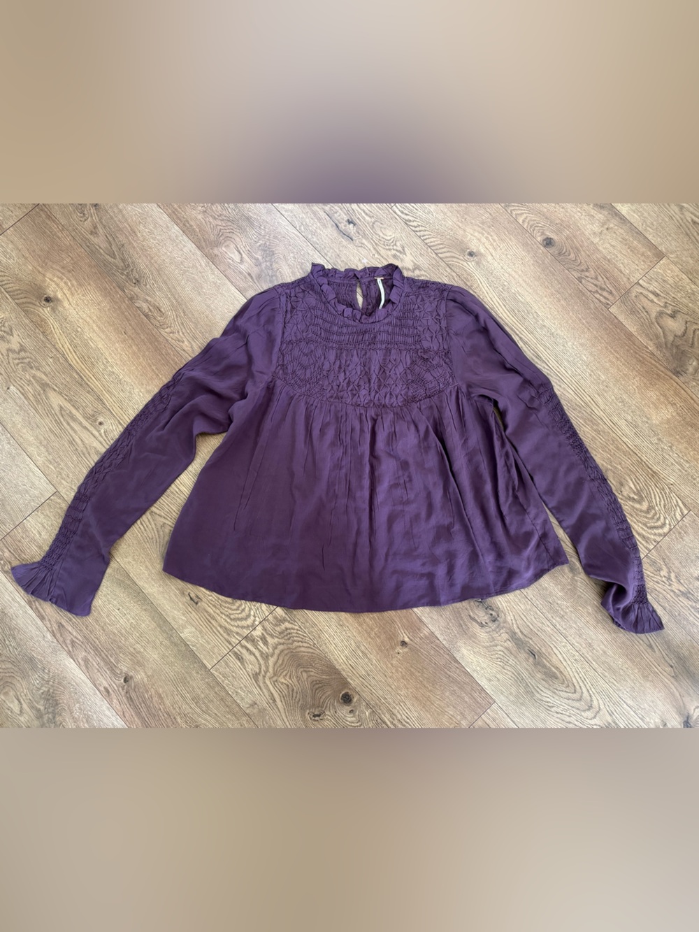 Free People Purple Long-Sleeve Smocked Peasant Top